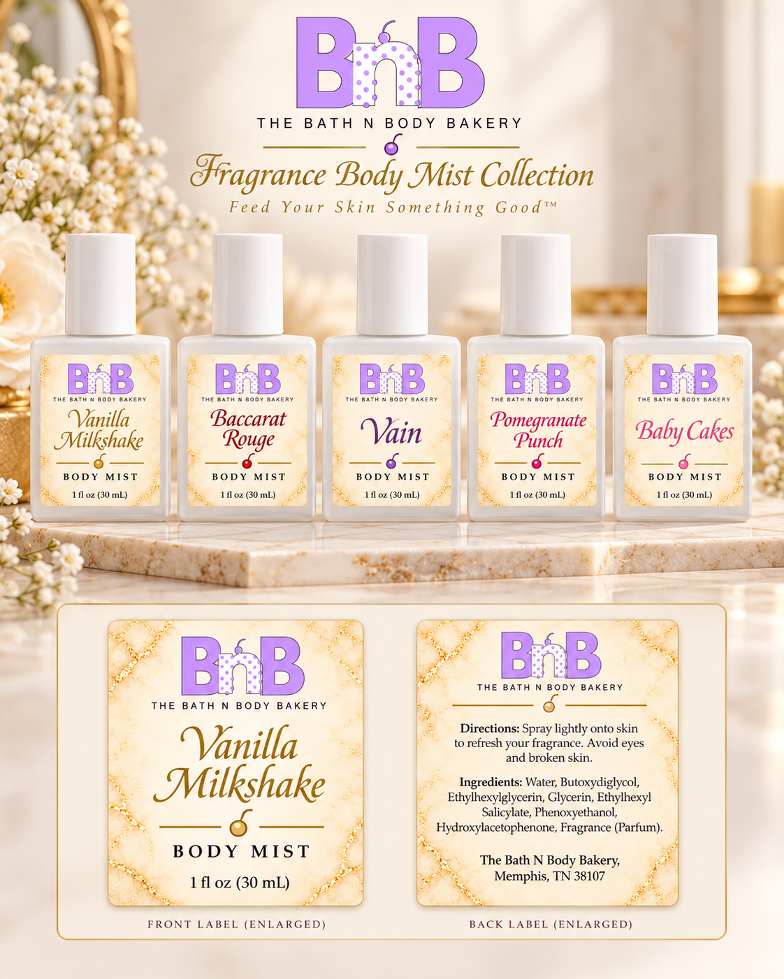 Illustrative mockup of the five The Bath N Body Bakery 1 oz body mist fragrance options