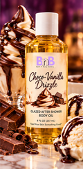 Choco-Vanilla Drizzle Bath N Body Bakery 8 fl oz Glazed After Shower Body Oil, original BnB logo, white cap, dessert-inspired product image