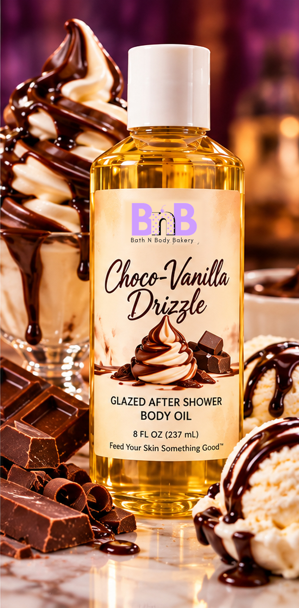 Choco-Vanilla Drizzle Bath N Body Bakery 8 fl oz Glazed After Shower Body Oil, original BnB logo, white cap, dessert-inspired product image