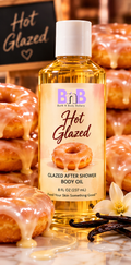 Hot Glazed Bath N Body Bakery 8 fl oz Glazed After Shower Body Oil, original BnB logo, white cap, dessert-inspired product image