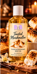 Toasted Marshmallow Bath N Body Bakery 8 fl oz Glazed After Shower Body Oil, original BnB logo, white cap, dessert-inspired product image